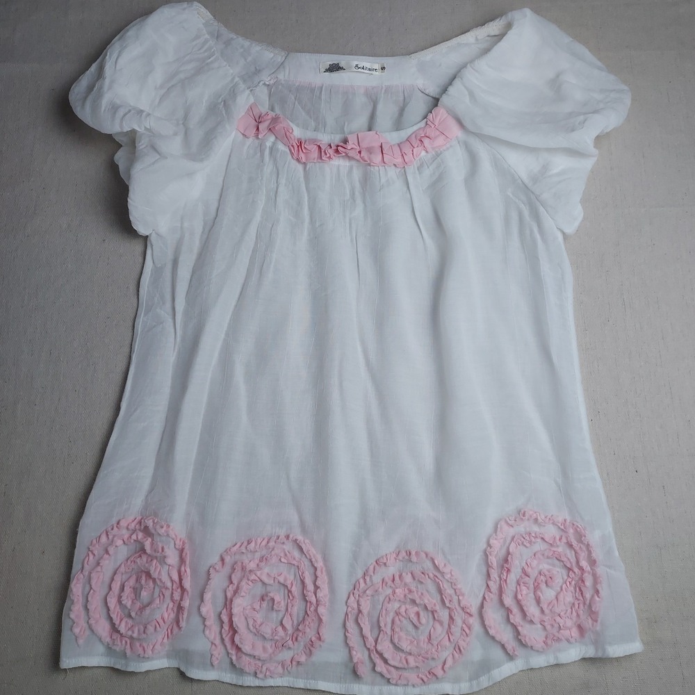 Solitaire Los Angeles Womens Small White Pink Silk Blend Puff Sleeve Boho Tunic